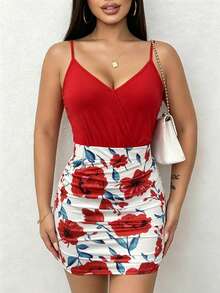 SHEIN LUNE 2 chiếc/bộ áo hai dây in hoa đỏ gợi cảm cho nữ và chân váy xếp nếp - Đỏ - Xem 6