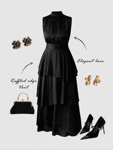 Elenzga 大尺碼女款黑色秋季優雅正式晚宴婚禮賓客雪紡壓褶腰分層裙襬長袖長洋裝，義式荷葉邊 - 黑色 - 查看 7