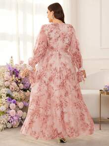 Modelyn Plus Size Women Elegant Floral Print Cinched Waist Midi Dress - Pink - View 3