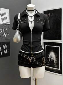 StreetHx Áo sơ mi ngắn tay ôm dáng phong cách Punk đường phố dành cho nữ - màu đen - Xem 6