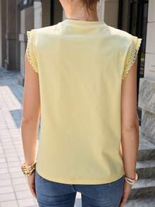 Mulvari Women's Pale Yellow Lace Patchwork Cap Sleeve Round Neck T-Shirt,Summer Elegant Everyday Loose Flattering Fashionable Versatile Top - Yellow - View 5