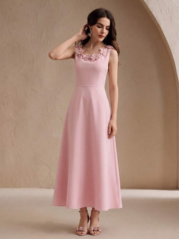 Women's New Elegant Pink Sleeveless Round Neck 3D Floral Cinched Waist Long Dress, Suitable For Party, Gathering, Date, Daily Wear, Vacation