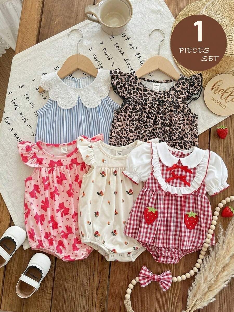 Bộ áo liền quần mùa hè dễ thương, kiểu dáng thường ngày, họa tiết da báo, tay bồng cho bé gái. - trắng - Xem 1