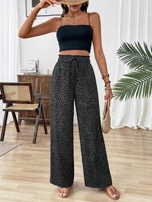SHEIN Holidaya 女士豹纹休闲阔腿裤 - 黑色 - 查看 6