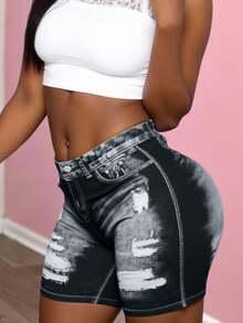 Maweii Plus Size Women Casual Pocketed Button Distressed Shorts, Versatile For Daily Wear - Multicolor - View 5