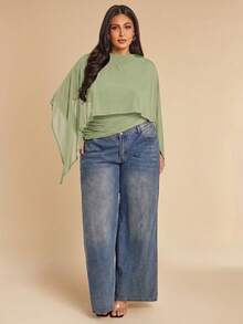 SHEIN BAE 大码女式纯色修身时尚斗篷上衣，喇叭袖 - 薄荷綠 - 查看 1
