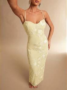 Silquee Jaune pâle,Été,Élégant,Robe moulante à bretelles avec fleurs 3D marron pour invitée de mariage,Occasion formelle Fête Noël Saint-Valentin Rendez-vous - Jaune clair - Voir 4