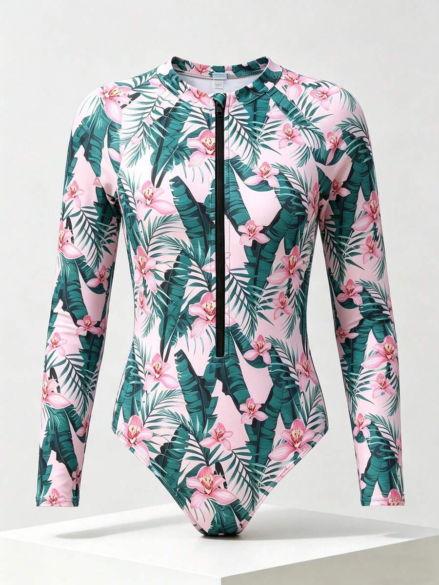 SHEIN 少女热带印花连体泳衣、度假和海滩装 - 粉色 - 查看 1