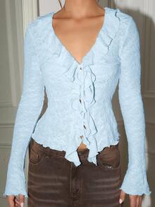 Glamine Sexy Deep V-Neck Ruffle Trim Tie Front Bow Knit Thin Cardigan, Apricot Color, Suitable For Daily Home Wear - Blue - View 7