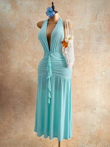 Mistrie 女士纯色露背系带荷叶边下摆时尚约会外出连衣裙 - 水鴨藍 - 查看 7