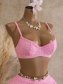 Bellisia Bộ đồ bơi hai mảnh họa tiết kẻ caro dành cho nữ, kiểu tankini có gọng, thích hợp cho mùa hè và đi biển. - Hồng - Xem 4