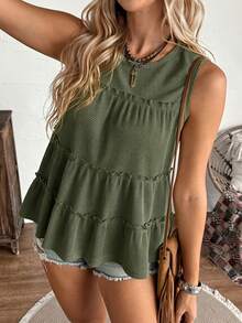 LanaWest Áo vest nữ dáng rộng, màu trơn, cổ tròn, viền bèo nhún, thích hợp cho kỳ nghỉ, công sở, mặc hàng ngày, phong cách phương Tây, phong cách Bohemian, kiểu babydoll. - xanh quân đội - Xem 6