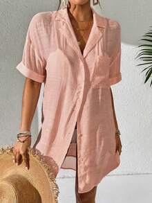 Swim Vcay Women's Solid Color Kimono Cover-Up For Beach/Resort - Coral Pink - View 4