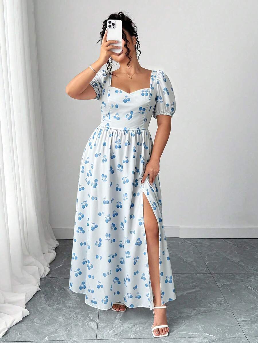 Elenzga Plus Size Women's Petal Sleeve Open Back Flared Dress - Blue and White - View 1
