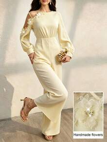 Modelyn Women's Elegant Slimming Mesh Patchwork Floral Long Sleeve Top And Straight Leg Pants Set - Apricot - View 2