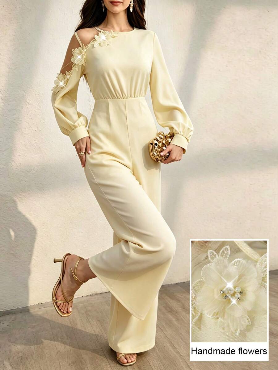 Modelyn Women's Elegant Slimming Mesh Patchwork Floral Long Sleeve Top And Straight Leg Pants Set