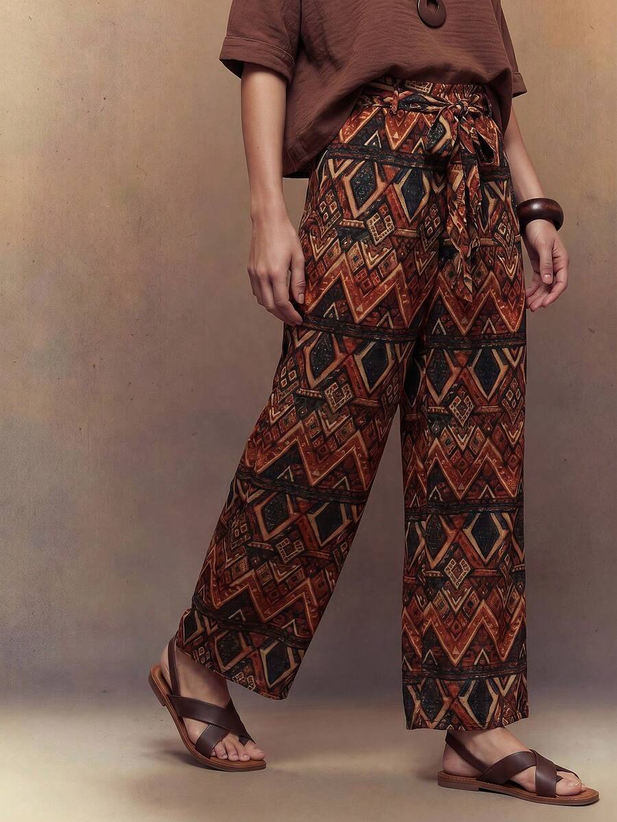 Fembélia Damen Casual Loose Bedruckte Hosen Boho Hosen für Damen Damen Sommer Hosen Bohemian Hosen Weite Bein Hosen Damen Hohe Taille Palazzo Hosen Damen Urlaubs-Outfit Sets - Verschiedenfarbig - Übersicht 1