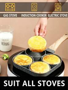 1pc 4 Holes Fry Pan For Egg, Non Stick Ham Pancake Maker, Egg Burger Pan With Wooden Handle, For Induction Cooker Gas Stove - default - View 12