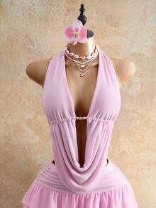 Mistrie Áo vest nữ hở lưng, cổ yếm, buộc dây phía sau, thích hợp cho kỳ nghỉ. - Màu Hồng  San hô - Xem 9