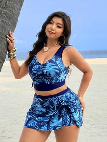 Swim Vcay Plus Size Summer Holiday Beach Party Holiday Plant Print Bikini Set Dark Blue Floral Boho - Blue - View 5