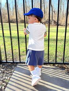 2pcs Baby Boys Blue White Stripe Cartoon Dog Print Short Sleeve T-Shirt And Shorts Set,Cute Summer Toddler Little Brother Beach Racing Outfits - Blue and White - View 9