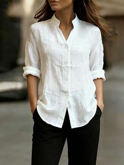 EMERY ROSE Women's Classic White Casual Shirt With Roll Up Wrist Length Sleeves Semi Sheer Fabric Long Blouse