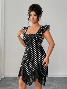 SHEIN Clasi Summer Casual 1920s 1950s Vintage 70's Vacation French Retro Elegant Black Polka Dot Contrast Lace Loose Cap Sleeve Dress Evening Party Wedding Guest - Black - View 3