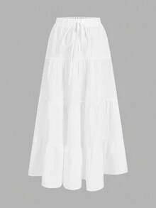 SHEIN EZwear Plus Size Women's Casual Vacation Multi-Layer Cake Skirt, Suitable For Summer - White - View 1