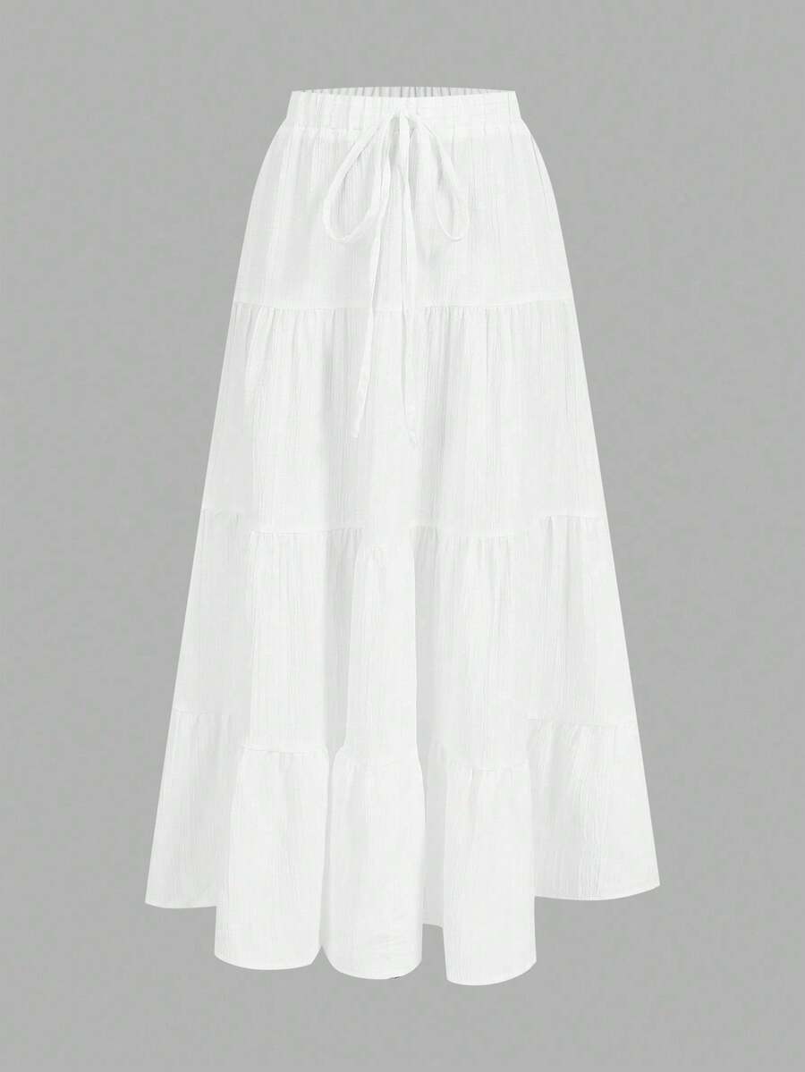 SHEIN EZwear Plus Size Women's Casual Vacation Multi-Layer Cake Skirt, Suitable For Summer - White - View 1