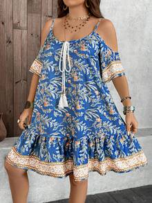 Breezaya Vestido de vacaciones con hombros descubiertos, volantes y estampado tropical para mujer de talla grande - Neblina azul - Ver 6