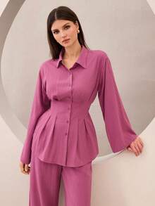 Graceveil Bộ 2 món: Áo sơ mi cổ bẻ tay loe buộc dây phía trước và quần ống rộng, màu đỏ. - Đỏ - Xem 7