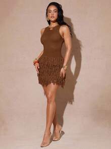 Silquee Women's Solid Color Fringe Design Fashion Date Night Beach Vacation Knit Dress Coffee Brown Autumn Sexy Tropical - Brown - View 7
