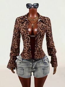 Mistrie Leopard Print Long Sleeve Fashion Women Sexy Slim Fit Blouse - Multicolor - View 6