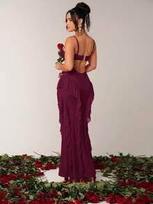 Silquee Deep Purple Summer Elegant Dinner Date Holiday Spaghetti Strap Multi-Layer Ruffle Fishtail Backless Cocktail Dress, Mesh Knit Party Formal Gown - Maroon - View 2