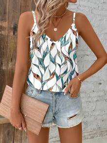 SHEIN Clasi Camiseta holgada de escote en V con estampado geométrico abstracto tipo vidrio verde en un estilo minimalista y casual, adecuada para el verano - Multicolor - Ver 4