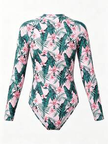 SHEIN 少女热带印花连体泳衣、度假和海滩装 - 粉色 - 查看 2