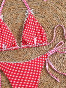 Swim Mod Bộ bikini hai mảnh gợi cảm kẻ sọc, buộc dây cổ, hở lưng, thích hợp cho kỳ nghỉ hè ở bãi biển dành cho nữ. - Đỏ - Xem 5
