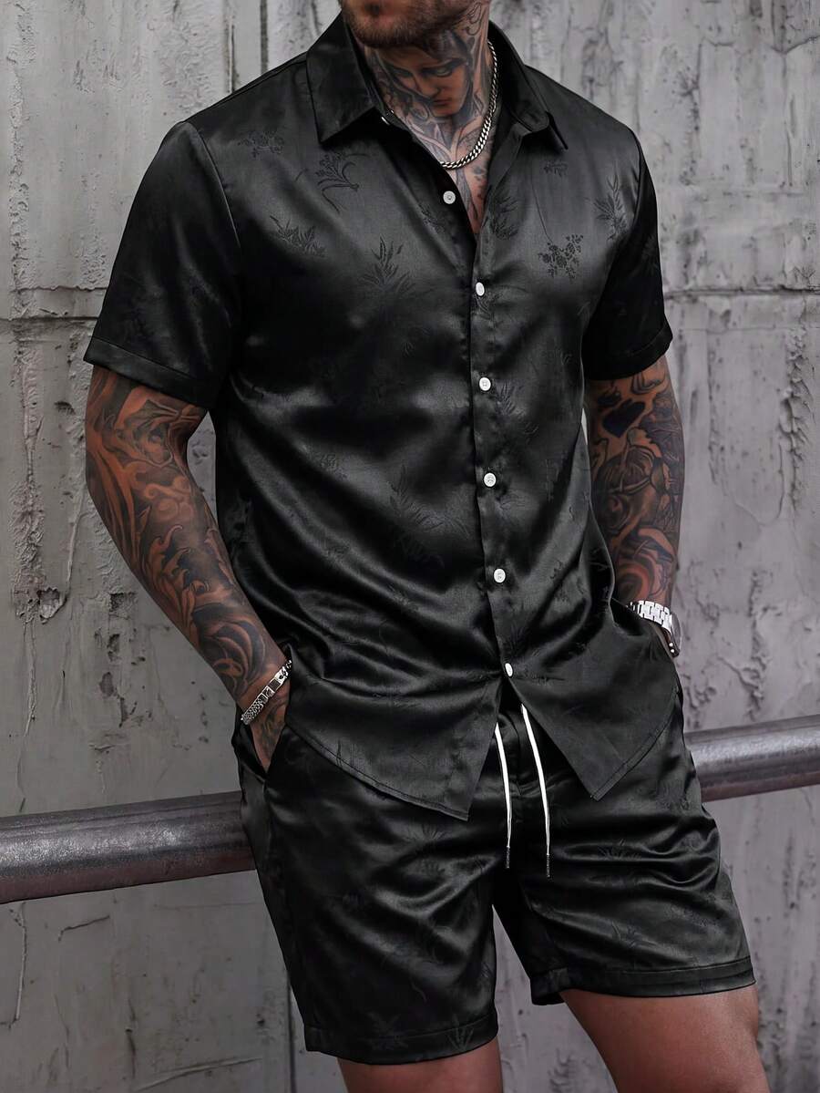Manfinity CasualCool 男士纹理简约休闲短袖衬衫和短裤套装 - 黑色 - 查看 1
