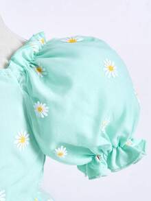 SHEIN Glamorique Kids 女婴优雅绿色可爱雏菊刺绣泡泡袖收腰奢华双层薄纱蓬蓬裙正式套装 - 綠色 - 查看 4