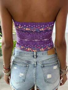 EMERY ROSE Women's Summer Vacation All-Over Print Tight Cropped Bandeau Top - Multicolor - View 2