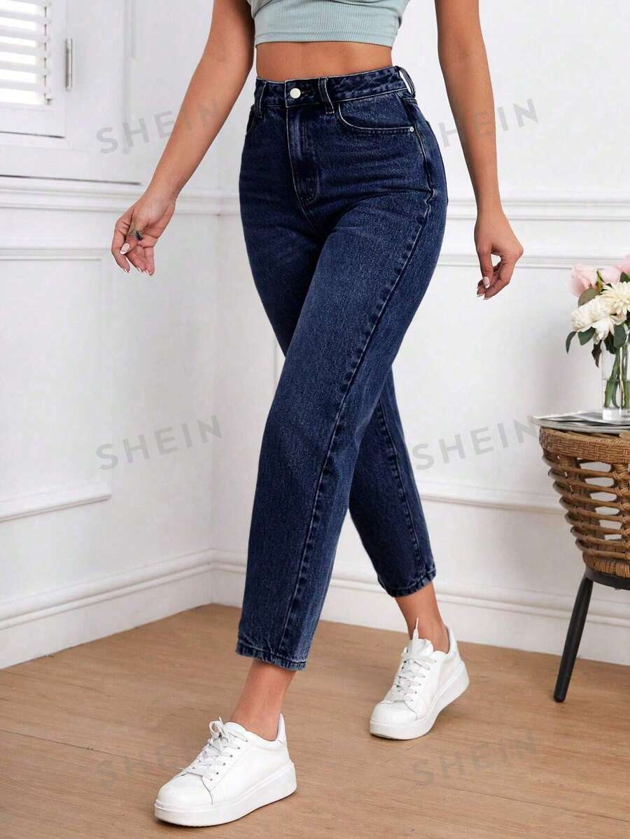 SHEIN FlexDen 女士高腰口袋锥形休闲百搭牛仔裤 - 深色水洗藍 - 查看 1