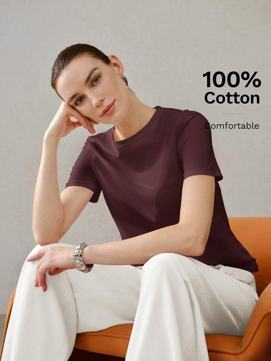 MOTF PREMIUM WOMEN'S SUMMER SOLID COLOR ALL-MATCH VERSATILE ROUND NECK SHORT SLEEVE T-SHIRT - Burgundy - View 1