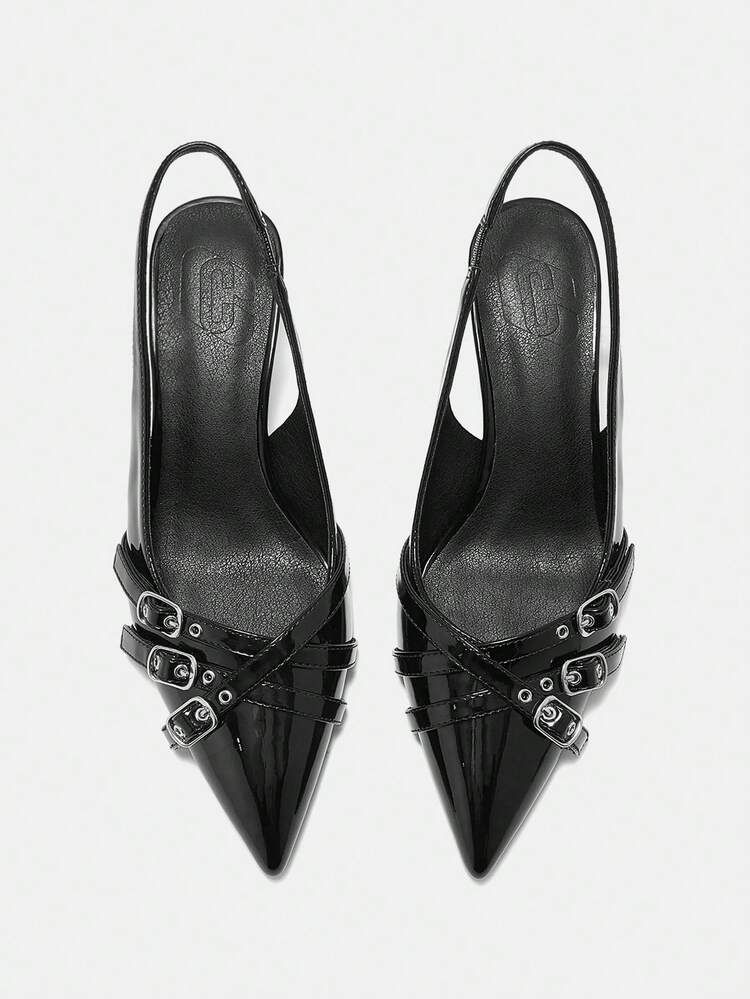 CUCCOO CURVES Women Shoes Wide Fit Fashion Pointed Thin High Heel Black Multiple Straps Buckle Slingback Women's Shoes Simple Classic Daily Comfort Fattened High Heel Women's Shoes Plus Size