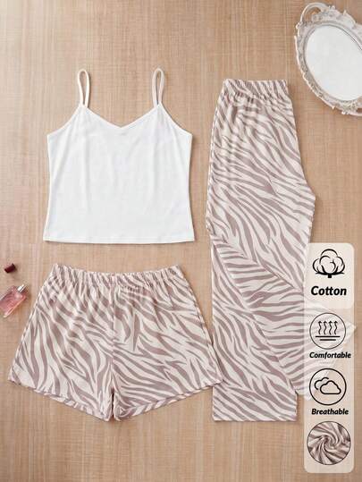 SHEIN 3pcs Cottonline Women Solid Color Sexy Strappy Sleep Top + Leopard Love Patterned Sleep Shorts + Long Sleep Bottoms Casual Comfort Cute Lounge Pajama Set