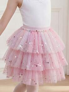 SHEIN Váy múa ba lê cổ điển bồng bềnh cho bé gái, thiết kế nhiều lớp vải tuyn mềm mại màu tím rực rỡ với cạp chun co giãn, chất liệu vải lưới thoải mái, kiểu dáng ngọt ngào như cổ tích, phù hợp cho tập múa ba lê, tiệc tùng và biểu diễn trên sân khấu, rất co giãn và nhẹ. - Hồng - Xem 4