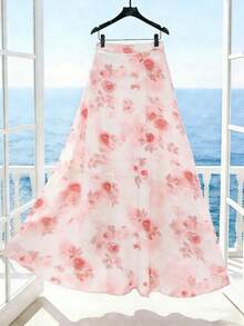 Modelyn Floral Print High Waist Skirt Maxi Women Outfit - Pink - View 1