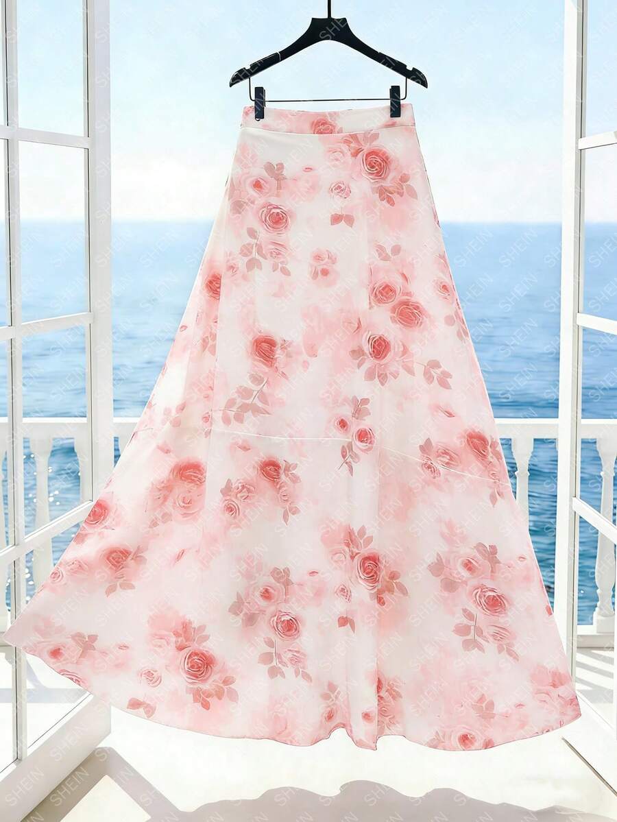 Modelyn Floral Print High Waist Skirt Maxi Women Outfit - Pink - View 1
