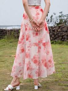 Modelyn Floral Print High Waist Skirt Maxi Women Outfit - Pink - View 5