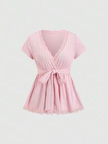 Flirla Women's Spring/Summer Korean Style Pink Casual Elegant Comfortable Versatile V-Neck Lace Ruffle Bow Tie Design Short Sleeve T-Shirt - Pink - View 3