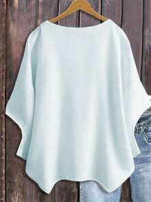 EMERY ROSE Plus Size Women's Summer Light Blue Smart Casual Top,Minimalist Batwing Sleeve Crew Neck Pullover,Lightweight Comfortable Vacation Homewear - Blue - View 2